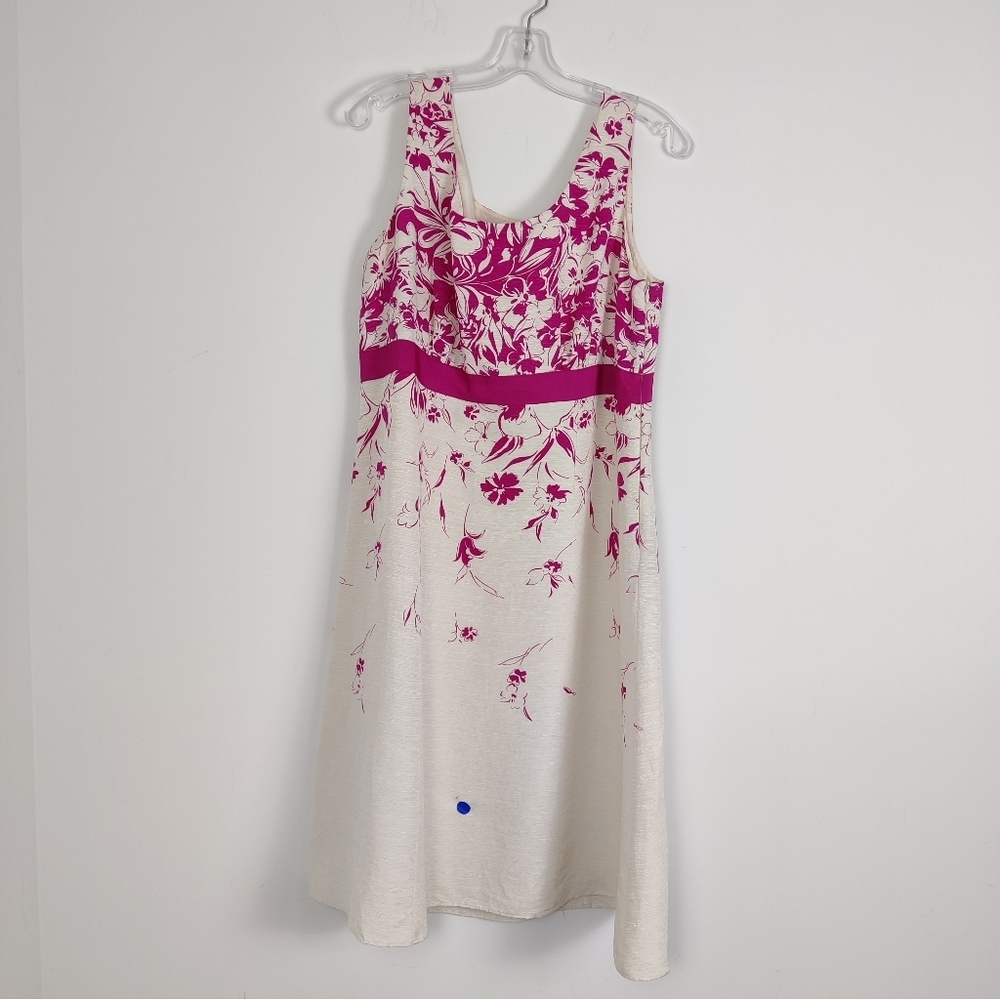 Kaliko Women's Midi Dress Size 18 Cream Fuschia Pink Floral Silk Linen Flare